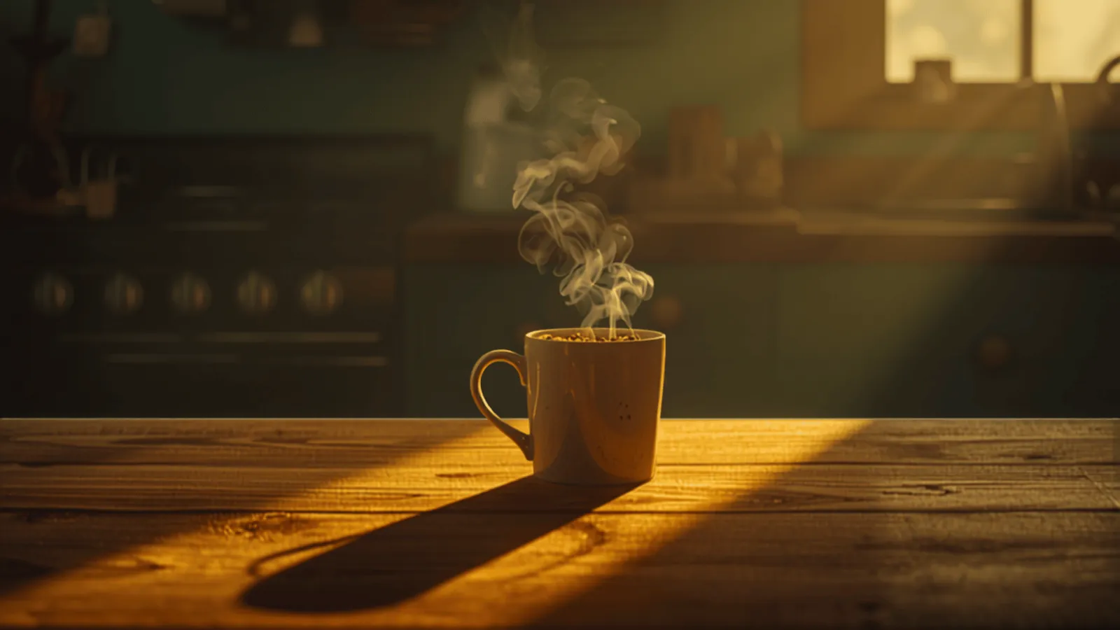 Steam rising from a coffee mug on a kitchen table in golden morning light