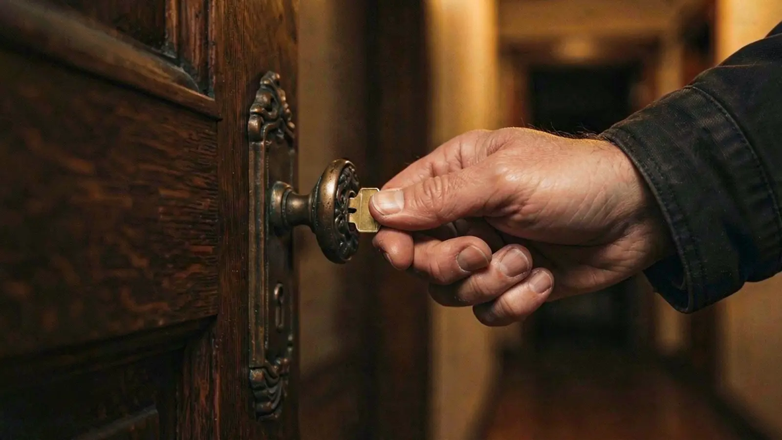 A hand holding keys at an open front door, warm light on the hallway floor