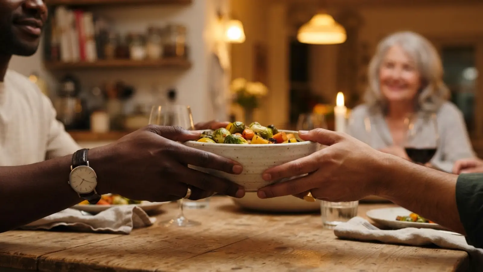 Hands passing a serving dish across a set dinner table