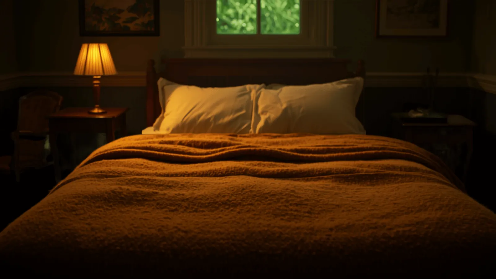 A neatly made bed in warm lamplight